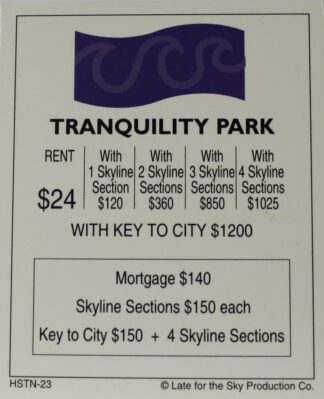 PARTS ONLY -Houston In-A-Box Board Game - "Tranquility Park" Title Deed Card Only