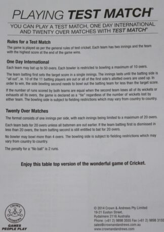 PARTS ONLY - Test Match Board Game - (1) Set of Rules Only